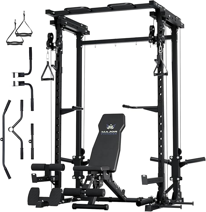 MAJOR FITNESS Drone3 Power Cage - Multi-Function Power Rack for Home Gym, Squat Rack with Pull-up Bar, Cable Crossover System, J-Hooks, for Strength Training, Heavy-Duty Steel Construction