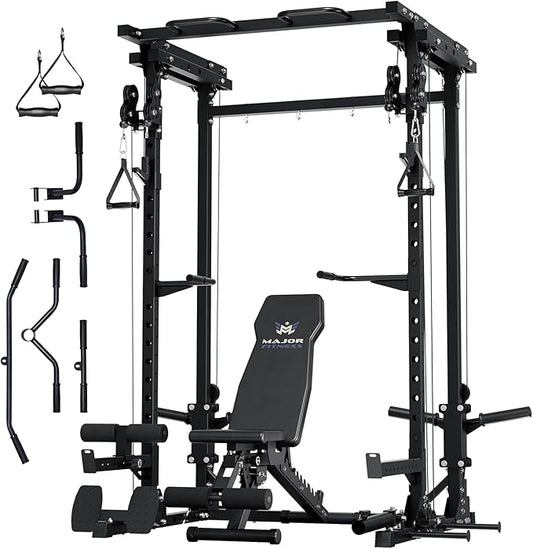 MAJOR FITNESS Drone3 Power Cage - Multi-Function Power Rack for Home Gym, Squat Rack with Pull-up Bar, Cable Crossover System, J-Hooks, for Strength Training, Heavy-Duty Steel Construction