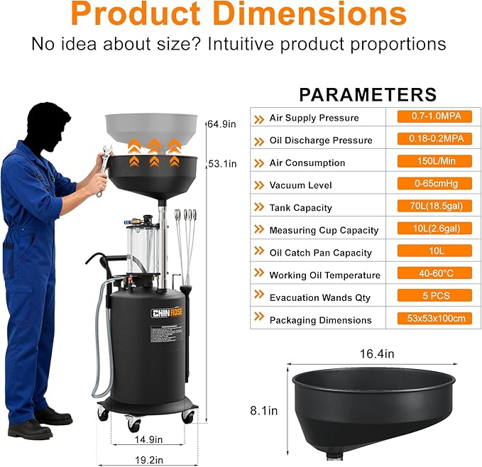 Waste Oil Drain Tank 18.5 Gallons Fortable Oil Lift Drain Extractor & Collector Kit Pneumatic Drainer for Automotive Fluids Waste Oil Container with Air Operation & Wheel (Black)