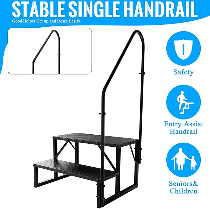 RV Steps with Handrail, 2 Steps Ladder Hot Tub Steps with Handrail, Portable Mobile Home Stairs Outdoor RV Stairs for 5th Wheel RVs