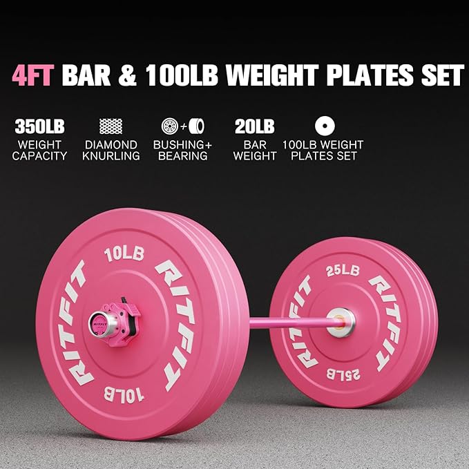 RitFit Barbell Weight Set - 4/6FT Olympic Barbell with Weight Plates (55-275LB Total) - Weightlifting Equipment for Squats, Curls, Deadlifts, Presses, Hip Thrusts