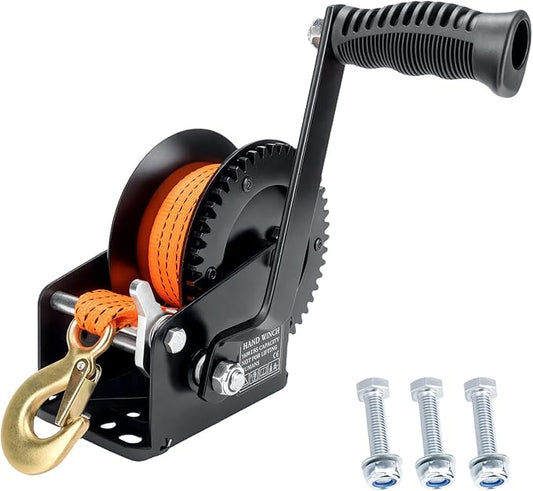1600LBS Heavy Duty Boat Trailer Winch with 19FT Strap, 2-Way Ratchet, 4:1 Gear Trailer Winch, Portable Hand Crank for Boat, Truck, Trailer, RV, ATV, Jet Ski (1600lbs Orange Strap Winch)