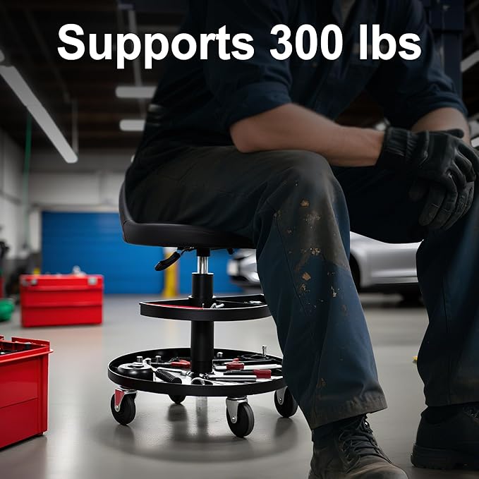 Frassie Rolling Mechanics Garage Seat Stool with Storage Tool Tray Adjustable Height for Auto Repair 300 LBS Capacity