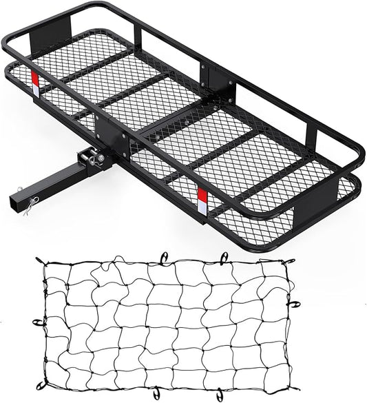 FORWODE 60x24x6 Hitch Carrier for 2 Inch Receiver, 500LB Capacity Hitch Mount Rack with Folding Cargo Basket, Rust-Resistant Coat, Includes Cargo Net