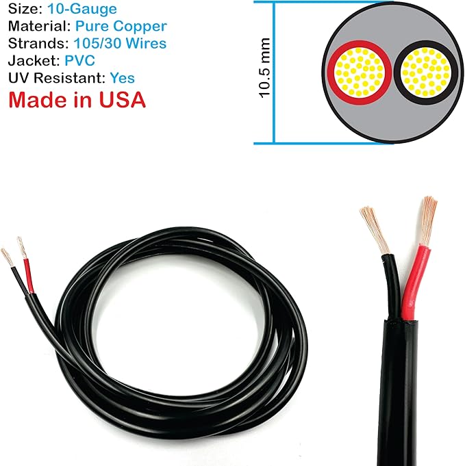 NATIONAL Wire & Cable – 10 AWG 2-Conductor Premium Copper Wire, 25 ft, Stranded | Made in USA, Heavy-Duty Flexible Jacket | Automotive, Solar, Battery, Indoor and Outdoor Use