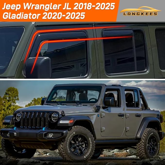 in-Channel Window Visors Rain Guards FIT Jeep Wrangler JL 2018-2025/Gladiator 2020-2025 (2018-2025) – 4-Piece in-Channel Dark-Smoke Polycarbonate Vent Deflectors