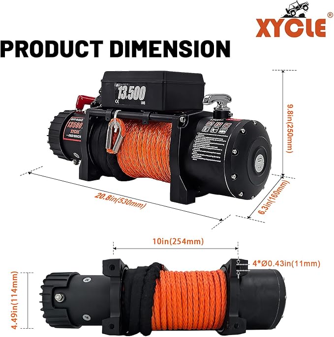Winch13500lbs 12V WaterproofElectric Winch Synthetic Rope Electric Winch Towing Winch Boat Trailer Winch SUV 4-Wheel Drive Off-Road Vehicle with Remote Control 3/8 Synthetic Rope (Dark-Orange)