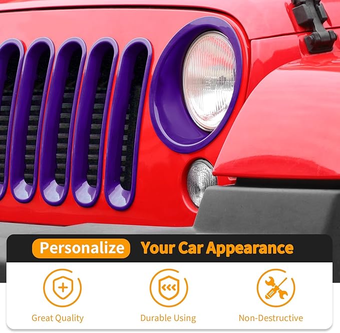Hoolcar Front Grille Insert Cover & Headlight Bezel Cover Trim Fit for Jeep Wrangler JK JKU 2007-2017, Exterior Accessories, Purple