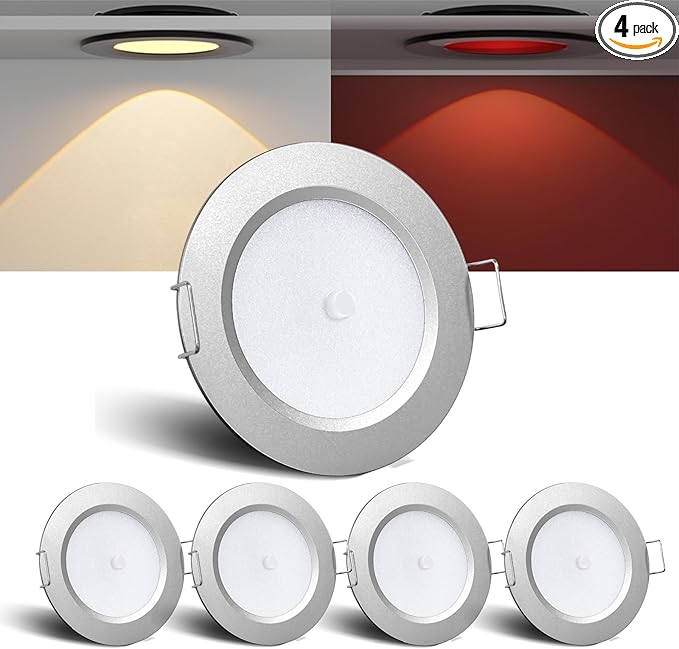 3" LED 12V Push Lights w/Built-in Switch Interior Bi-Color 12 Volt Red LED Puck Light Full Aluminum RV Dimmable Flush Mount Light for Camper, Boat, Trailer 4Pcs (Silver, Warm White)