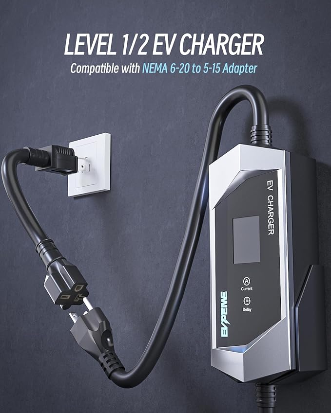 Level 1/2 EV Charger for SAE J1772, 16A 110-240V Portable EV Charger with NEMA 6-20/NEMA 5-15 Plug, 25ft Cable ETL Listed Electric Vehicle Charger for J1772 Electric Cars