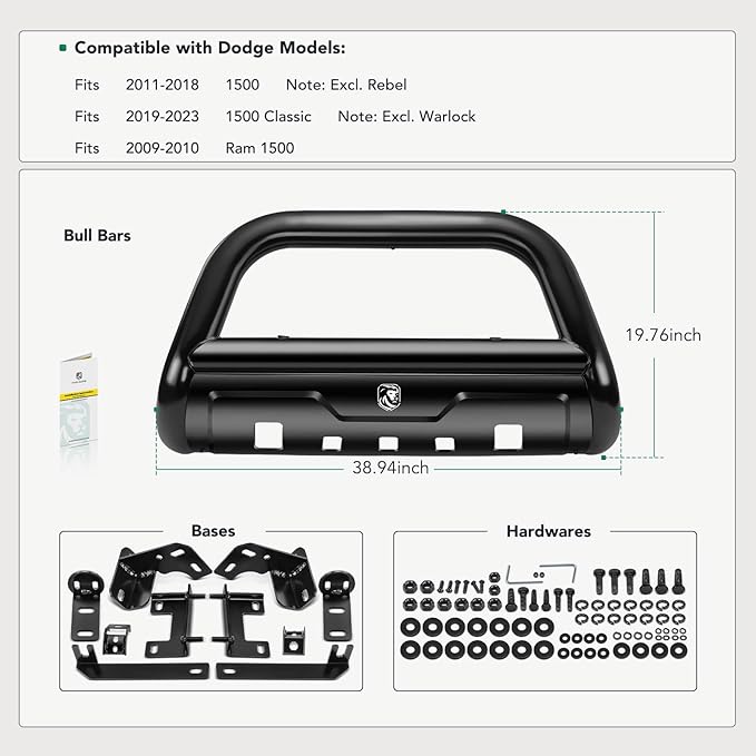 YHTAUTO 3.5" Bull Bar Push Bar with Skid Plate Light Mount Fit Dodge Ram 1500 2009-2018, Ram 1500 Classic 2019-2023, Alloy Steel Brush Guard for Truck Front Bumper Off Road Accessories