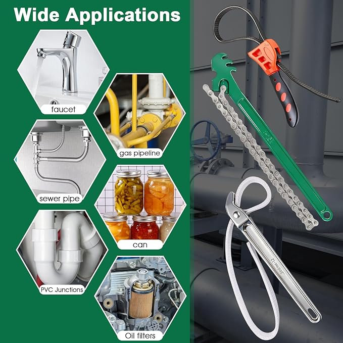 3 Piece Wrench Set:16" Heavy Duty Ratcheting Chain Wrench,12" Aluminum Nylon Strap &6" Rubber Strap Wrench Plumbing,Non-Slip,Complete Spanner Tool Kit for Oil Filter& Household