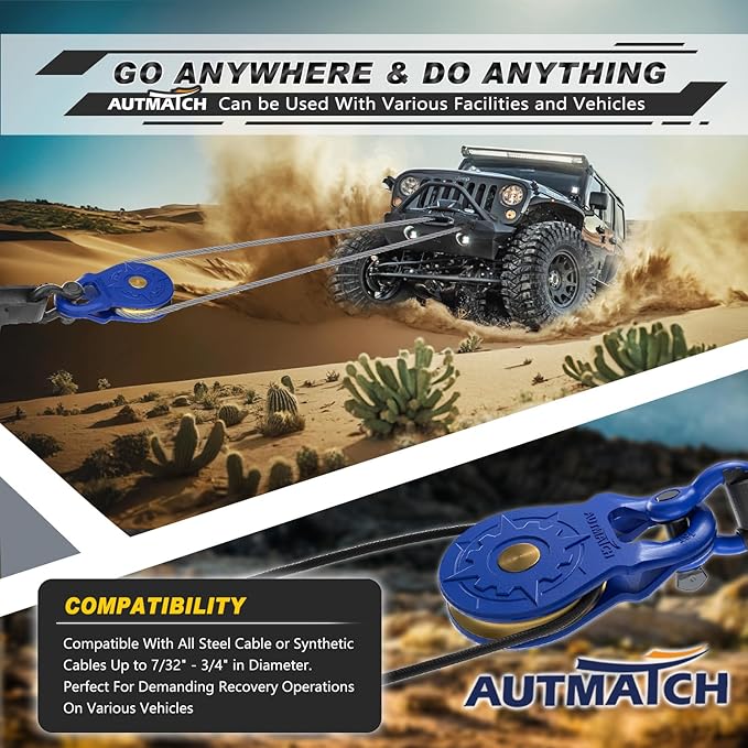 AUTMATCH Winch Snatch Block 18 Ton - Winch Pulley (79,366 Lbs) Break Strength, Heavy Duty Off Road Recovery Towing Pulley Blocks for Synthetic Rope or Steel Cable, Truck, UTV, ATV, Blue