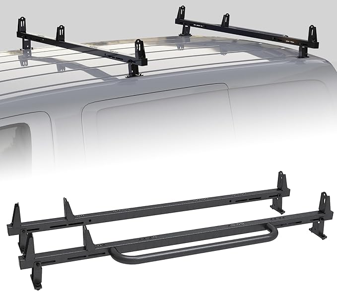 Universal 2 Bars Roof Ladder Rack 600 LBS Capacity Utility Adjustable Cross Bar with Stopper for Van Without Rain Gutter Fit for Kayak Canoe Ladder Lumber Pipes Cargo Carrier Accessories