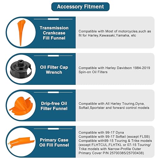 Oil Change Kit Fit for Harley, Oil Filter Cap Wrench, Crankcase Fill Funnel, Drip Free Oil Filter, Primary Case Oil Funnel, 50PCS Drain Plug O-Ring, Motorcycle Accessories Tool Fit for Harley Davidson