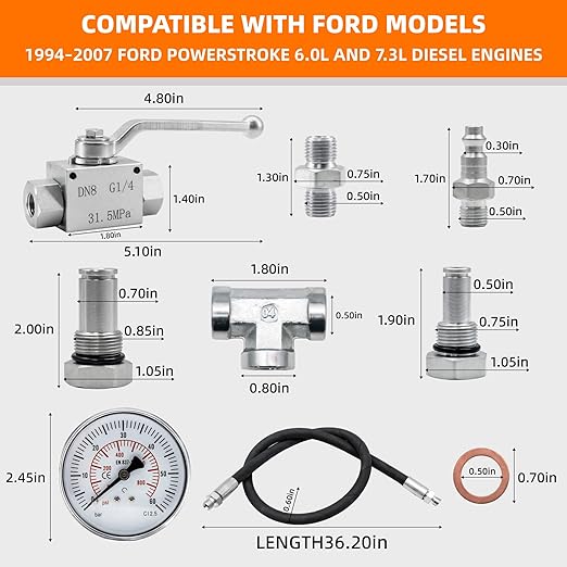High Pressure Oil System IPR Air Test Tool Kit Compatible with Ford Powerstroke 6.0L & 7.3L Diesel Engines with Valve Air Test Fitting & Gauge Air Meter