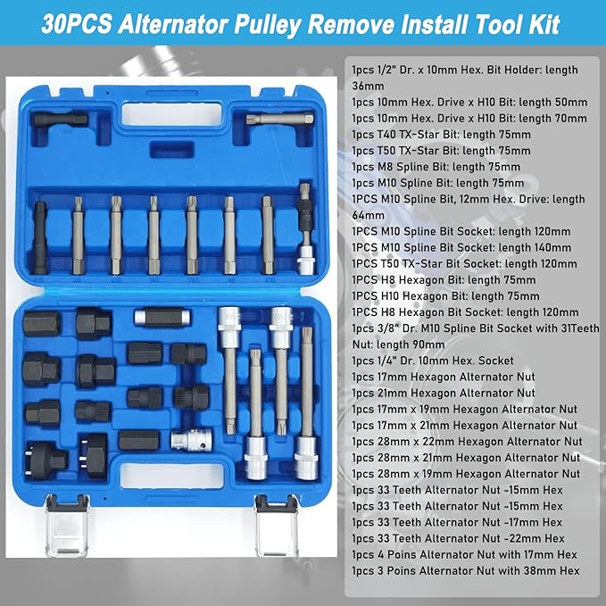 30PCS Alternator Pulley Removal and Installation Tool Kit, Clutch Freewheel Removal Socket Bit Set, Compatible with Audi BMW Ford GM Mercedes Porsche Volvo Skoda VW and More Vehicle