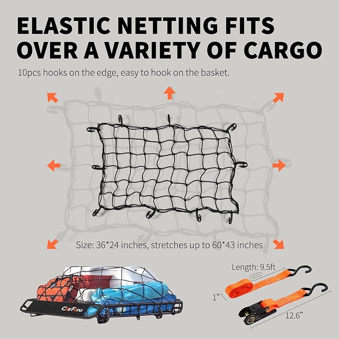 Roof Rack Basket 51″ X 36″ X 5″ Universal Rooftop Cargo Basket, 250LB Heavy Duty Cargo Basket Car Roof Basket for SUV, Truck, Cargo Net with Attachment Hooks, 2pcs Ratchet Straps