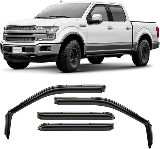 CLIM ART in-Channel Incredibly Durable Rain Guards for Ford F150 2015-2020 SuperCrew, Original Window Deflectors, Vent Deflector, Vent Window Visors, Dark Smoke Truck Accessories, 4 pcs- 615010LP