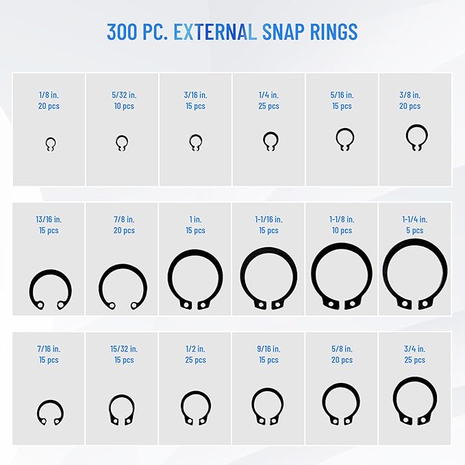 12PCS Versatile Retaining Snap Ring Pliers set,300PCS External Snap Rings,Heavy Duty Fixed Tip Combination Internal/External Snap-ring Pliers for 0.038in 0.047in 0.070in 0.090in