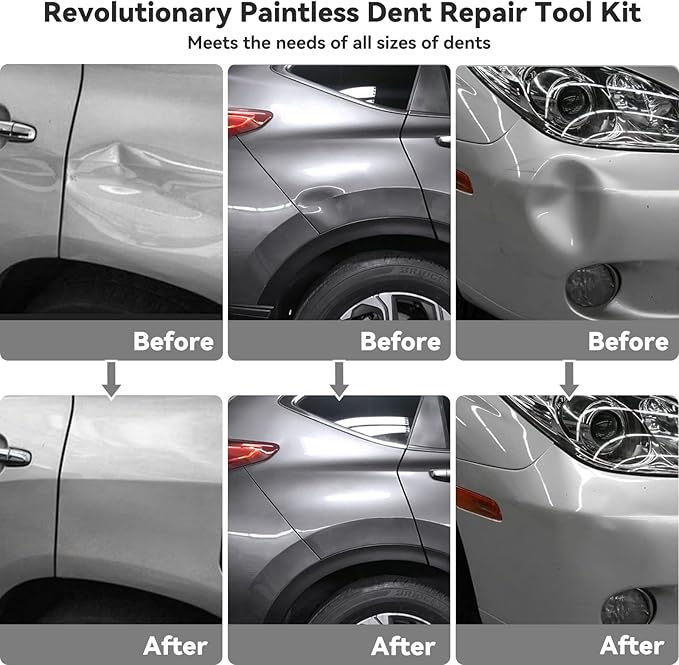 129pcs Dent Puller Kit, Dent Remover Tool for Car, Paintless Dent Removal Kit with T-Bar, Bridge Puller, Golden Lifter, Car Dent Puller Tool for Hail Damage Door Ding Fridge