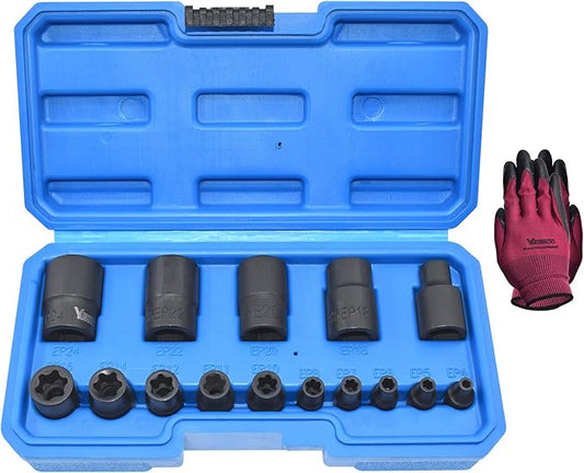 15Pcs Torx Plus Socket Set, External Torx Plus Socket Set, 6 Point EP Socket EP4 - EP24 With 1/2'' 3/8'' 1/4'' Dr, Replacement for E-TORX, Works with Most Cars and Tesla