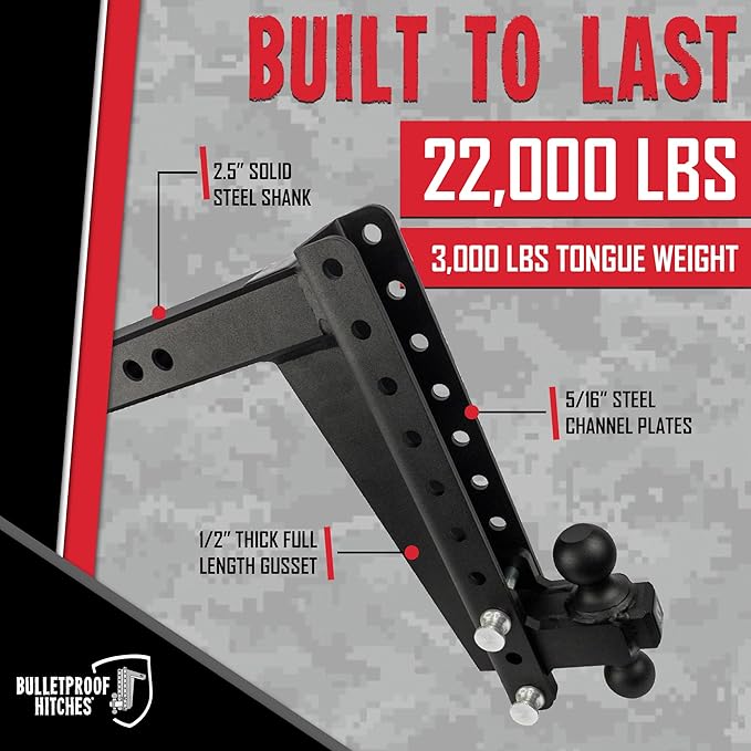 BulletProof Hitches - 2.5" Adjustable Heavy Duty Trailer Hitch (22,000 lb. Rating) - 14" Drop/Rise Trailer Hitch with 2" & 2-5/16" Dual Ball - Powder Coat, Solid Steel, Corrosion-Resistant