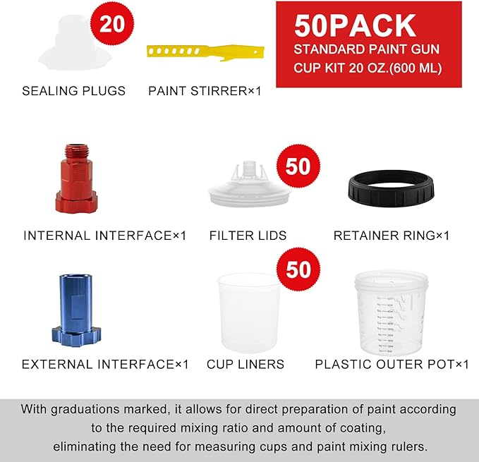 RRJ Disposable Paint Cup Spray Gun Cup, Paint System for LVLP and HVLP Spray Gun Kit 600 ML Mixing Cup with 50 Cups Liners and Lids, 1 Hard Cup with Retainer Ring, 2 Cup Adapter, Stirrer