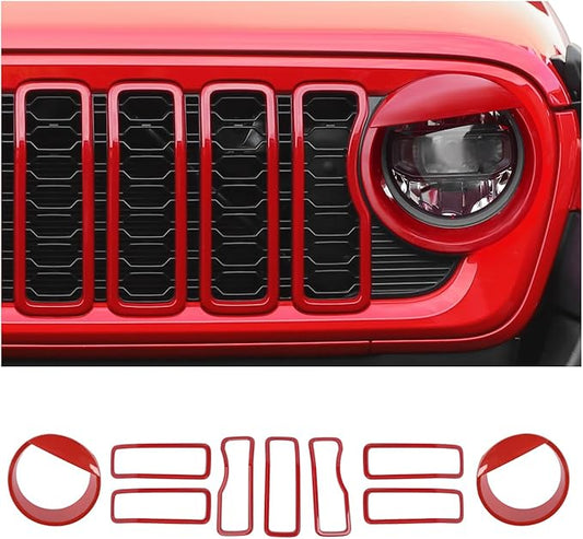 Front Grill Insert+Headlight Bezels Cover Kit Compatible with 2024-2025+ Jeep Wrangler JL JLU & Gladiator JT, Not Fit for JL Sport & Sports(Red,Style A)