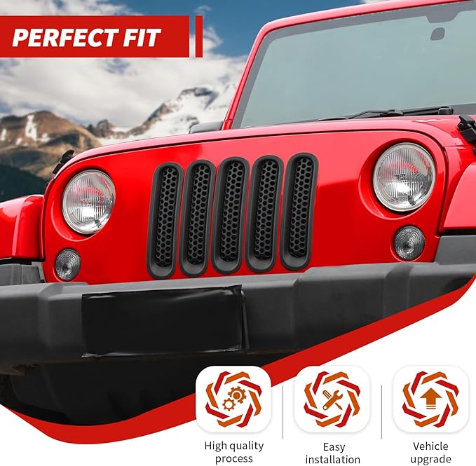 Front Grille Mesh Inserts fit for Jeep Wrangler JK & JKU 2007-2017 Black Grill Mesh Front Grille Guard Clip-on Trim Covers Exterior Accessories
