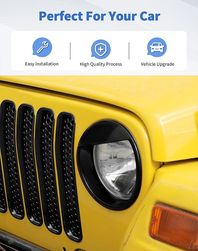 Honeycomb Front Grille Mesh Inserts & angry eyes Headlight Bezels Cover Trim Fit for 1997-2006 Jeep Wrangler TJ & Unlimited Exterior Accessories Clip-in Grille Guard Cover Headlight Bezels Trim Ring