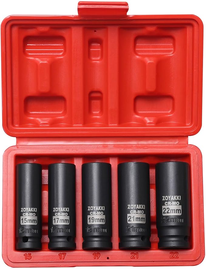1/2" Drive Deep 6-Point Impact Socket Set, 5-Piece Standard Metric Spindle Axle Nut Impact Socket Set, Cr-Mo,6 Point (15-17-19-21-22mm) Size,Wheel Lug Nuts Socket