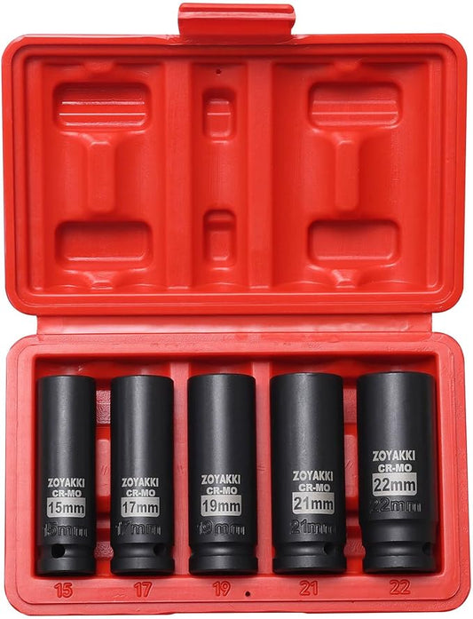 1/2" Drive Deep 6-Point Impact Socket Set, 5-Piece Standard Metric Spindle Axle Nut Impact Socket Set, Cr-Mo,6 Point (15-17-19-21-22mm) Size,Wheel Lug Nuts Socket