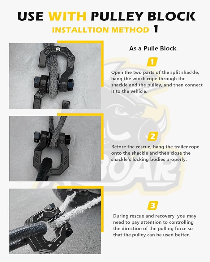 Separate D-Ring Shackle with Pulley Block, Towing Winch Snatch Block & 3/4" Easy Open D-Ring Shackle 2in1 Set, 57320lbs(26T) Breaking Strength, for Recovery, BlackBlack