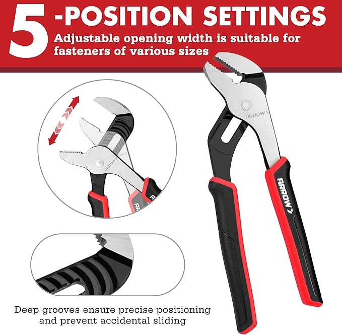 ARROW 8-Inch Groove Joint Pliers, Adjustable Water Pump Pliers with TPR Handle, High Carbon Steel Tongue and Groove Plier for Plumbing, Automotive and Household Repairs