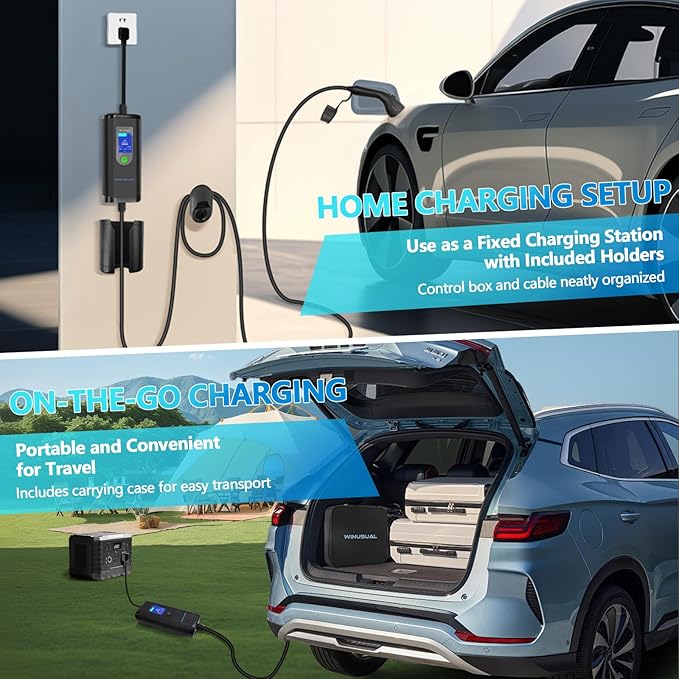 Portable Level 2 EV Charger, 6-32A, 220-240V, NEMA 14-50P, 25FT, Electric Car J1772 Charger for Home and Travel, Reliable and Durable EV Charging Cable