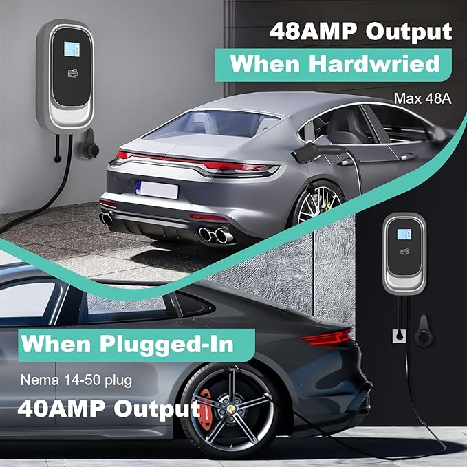 Level 2 EV Charger 48 Amp, 240V Wall-Mount Electric Vehicle Charging Stations, J1772 Compatible, NEMA 14-50 25FT Charging Cable IP65