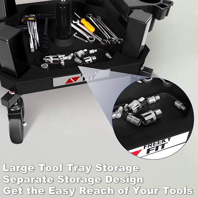 Rolling Stool with Wheels, Adjustable Shop Stool Mechanic Chair Seat Garage Shop Roller Work Chair Mobile Rolling Seat with Tool Tray, 2 Cup Holders, 4" Casters, 350 LBS, Heavy-Duty, Blue