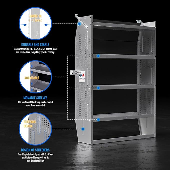 AA Products SH-6004(2) Steel Mid/High Roof Van Shelving Storage System Fits Transit, NV, Promaster and Sprinter, Set of 2 Van Shelving Units, 42''W x 60''H x 13''D