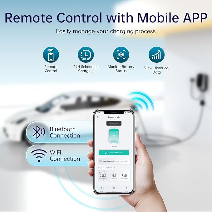 QIAO Level 2 EV Charger Hardwired, Home Charging Station UP to 48A, 240V with Smart APP & Scheduled Charging, J1772 Compatible for All EVs/PHEVs, 25ft Cable, 4.3in Display, IP65 Waterproof