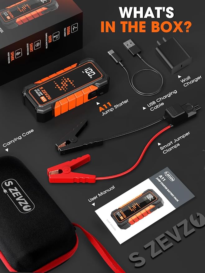 S ZEVZO A11 Jump Starter, Upgraded 5000A Car Battery Jumper Starter Portable (10.0L Gas & 7.0L Diesel Engines) with Booster 12V Lithium Jump Box with USB Charger, LCD Display, Flashlight, and Case