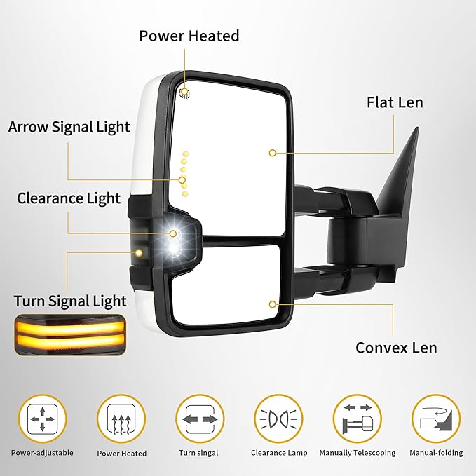 DWVO Towing Mirrors Compatible with 03-06 Silverado Sierra 1500 2500 HD 3500 Escalade Suburban Tahoe Yukon, LED Turn Signal Light Running Lights Power Heated Manually Folding Switchback White