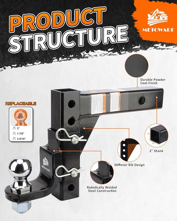 METOWARE Adjustable Trailer Hitch Ball Mount, 2" Towing Ball 7500 LBS, Fits 2-Inch Receiver, 6-Position Heavy Duty Tow Hitch with Pins and Trailer Hitch Lock