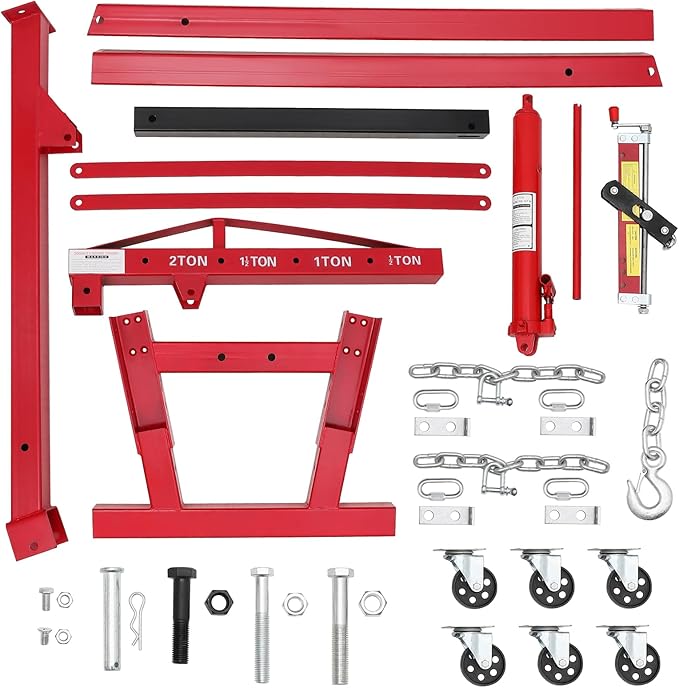 2 Ton Folding Hydraulic Engine Hoist with Load Leveler 4400 LBS Capacity Heavy Duty Cherry Picker 6 Swivel Wheels&Hydraulic Pump Adjustable Boom (0.5T-2T) for Garage Workshop Warehouse Red