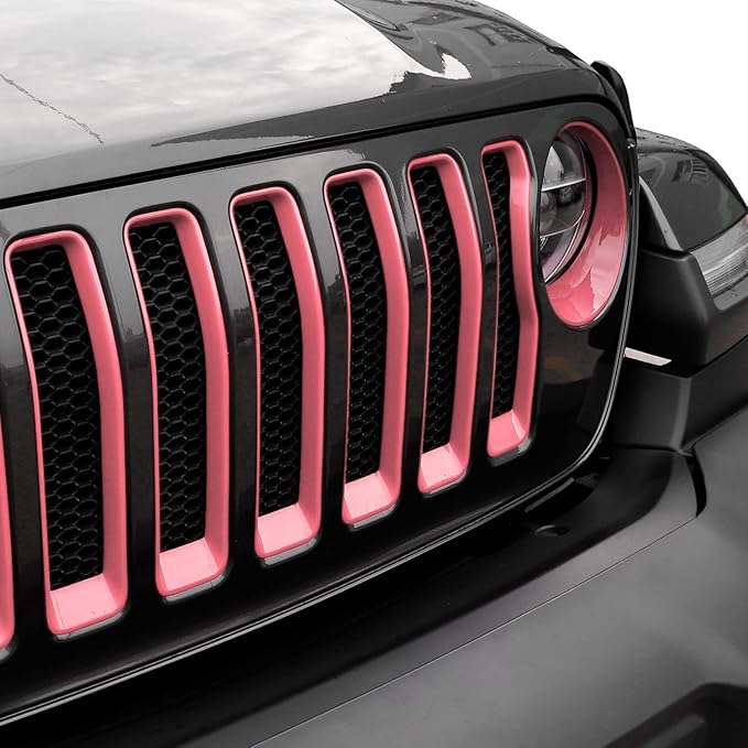 Grille Grill Insert+Headlight Turn Light Cover Compatible with 2018-2023 Jeep Wrangler JL JLU Sport/Sport S Only,Not for Sahara,Rubicon 4xe(Pink)