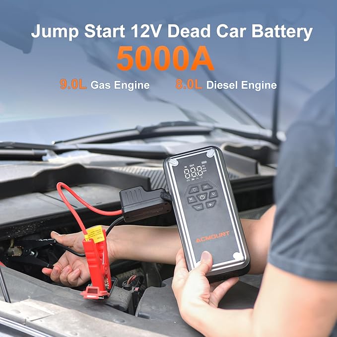 Acmount W160 Jump Starter with Air Compressor, 5000A Portable Car Jump Starter 150PSI Tire Inflator/Air Pump, 12V Battery(Up to 9L Gas/8L Diesel Engine) Jump Pack, Car Emergency Kit, Idea Gift for Man