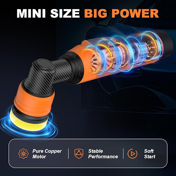 Protmex Cordless Mini Buffer Polisher - 1.2/1.6/2 Inch Car Polisher w/ 8 Variable Speed 2500-6000RPM - RO/DA Car Polishing Machine w/ 22 Pads - Small Polisher for Car Detailing Polishing Waxing, Short