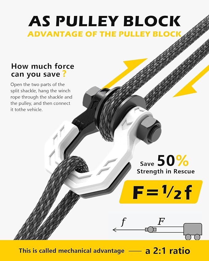 Separate D-Ring Shackle with Pulley Block, Towing Winch Snatch Block & 3/4" Separate D-Ring Shackle 2in1 Set, 57320lbs(26T) Breaking Strength, for Recovery, Blackwhite