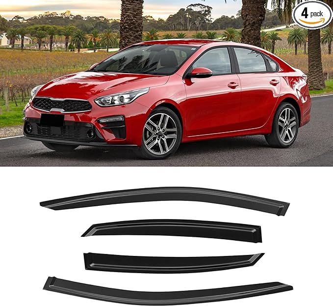 Window Rain Guards for Kia Forte 2019-2024, Window Visor Guard Vent Wind Shade Deflector Rain Shield Protector Sun Visor Extra Durable 2020 2021 2022 2023, Tape-on/Outside-Mount, 4 Pieces