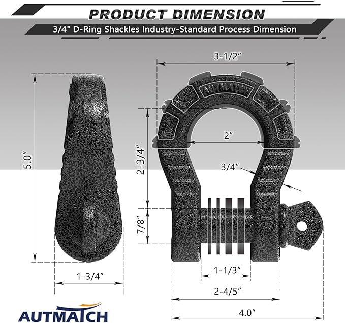 AUTMATCH D Ring Shackles 3/4" Mega Shackle (2 Pack) 68,000Ibs Break Strength - Heavy Duty Clevis Shackles 7/8" Screw Pin & Isolator Washer for Tow Strap Winch Off Road Vehicle Recovery, Grainstone